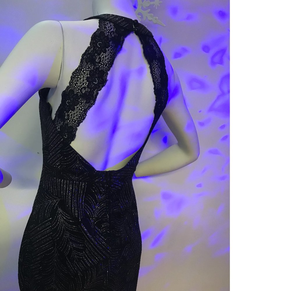 Le Chateau Black stretchy shiny sparkle rainbow metallic open back dress NWT